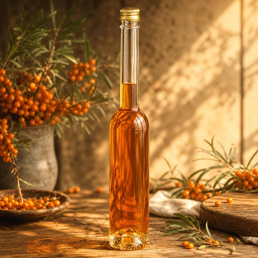 100 ml glazen fles Toni en schroefdop zilver UNiTWIST® Elegante 100ml Glasflasche Toni mit Sanddornöl befüllt - goldener Verschluss, edle Optik für Küche und Geschenke