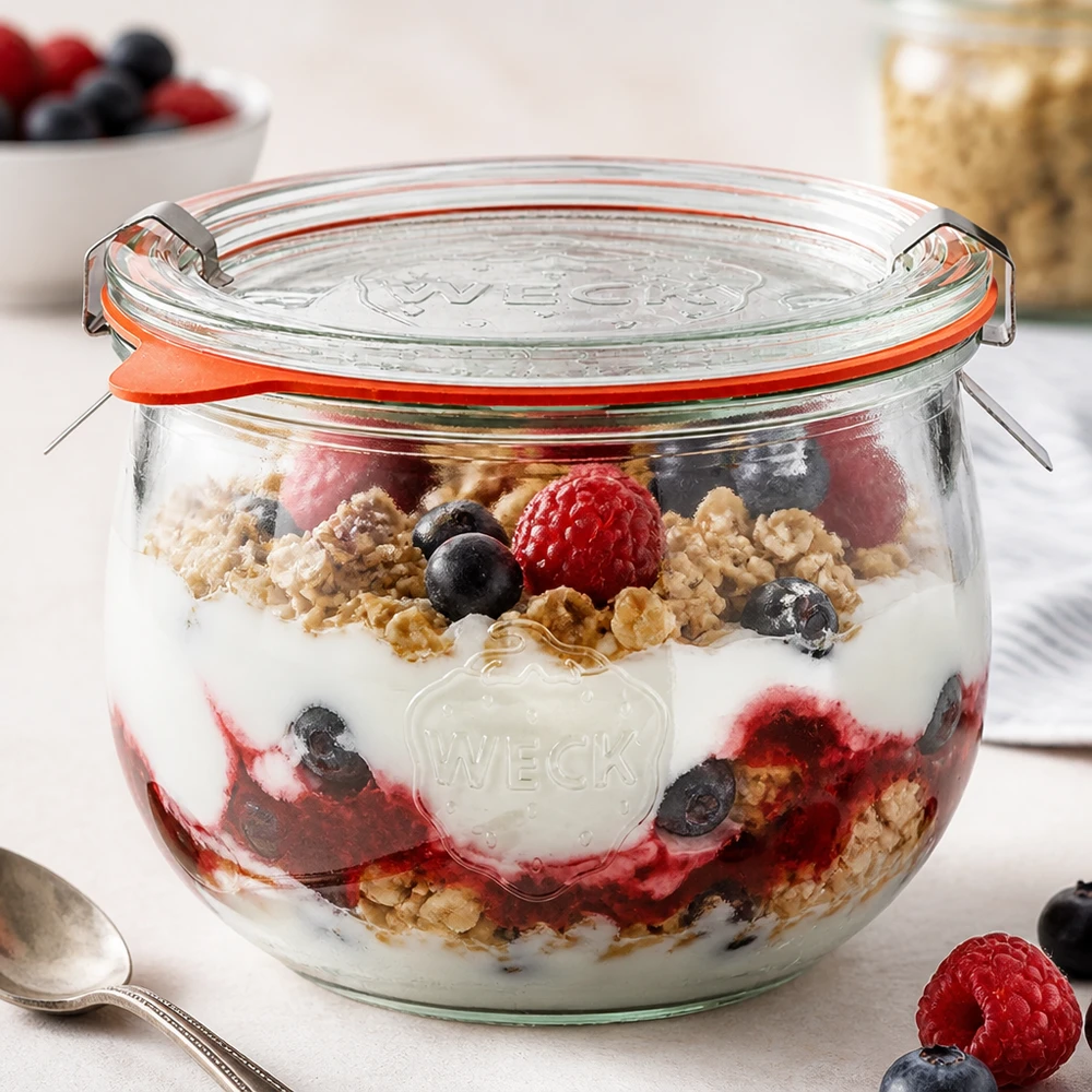 WECK tulp pot 580ml RR100 als een parfait pot met yoghurt, bessen en granola, perfect voor desserts en ontbijt