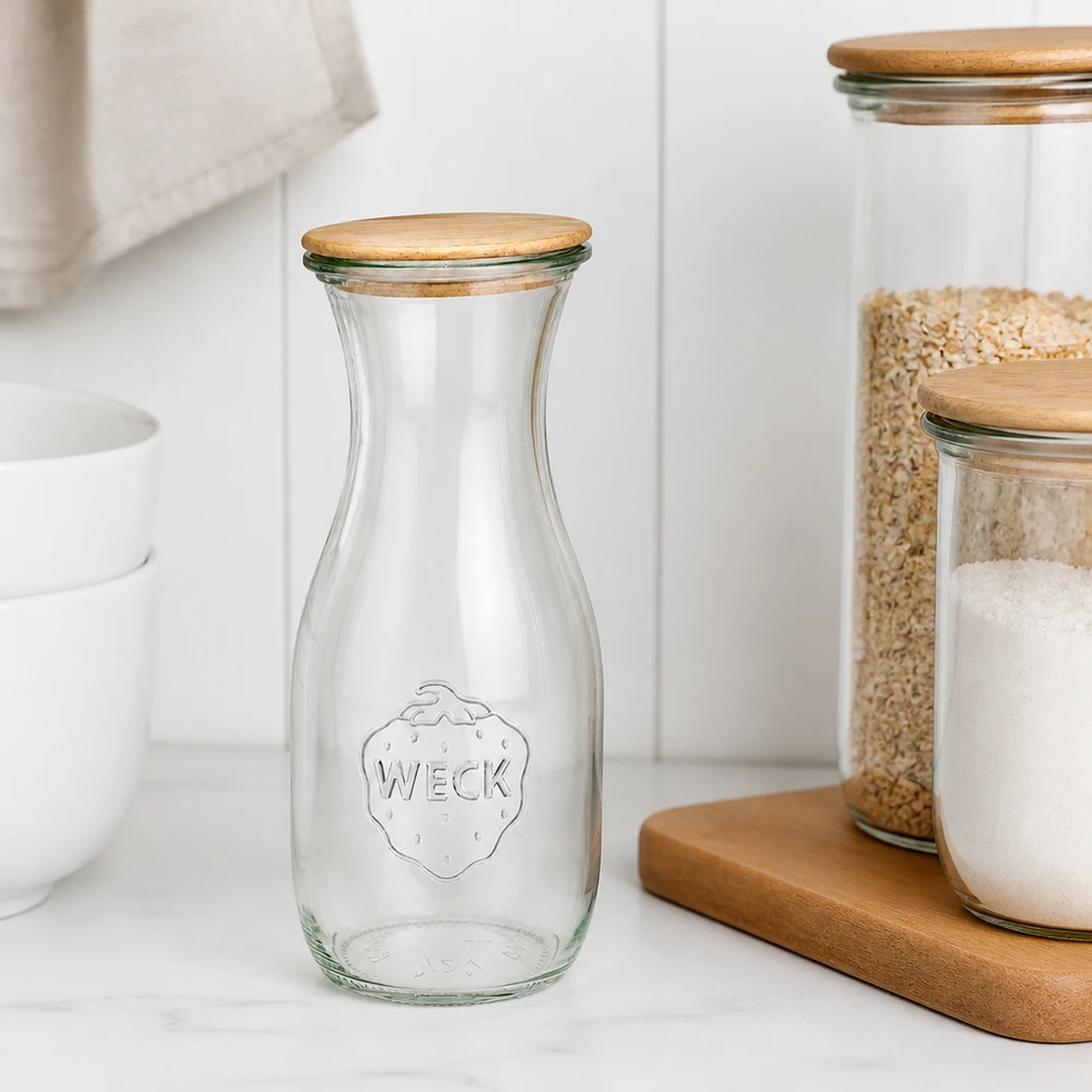 WECK glazen fles 530ml RR60 leeg met houten deksel op wit werkblad naast opgestapelde voorraadpotten Scandinavisch
