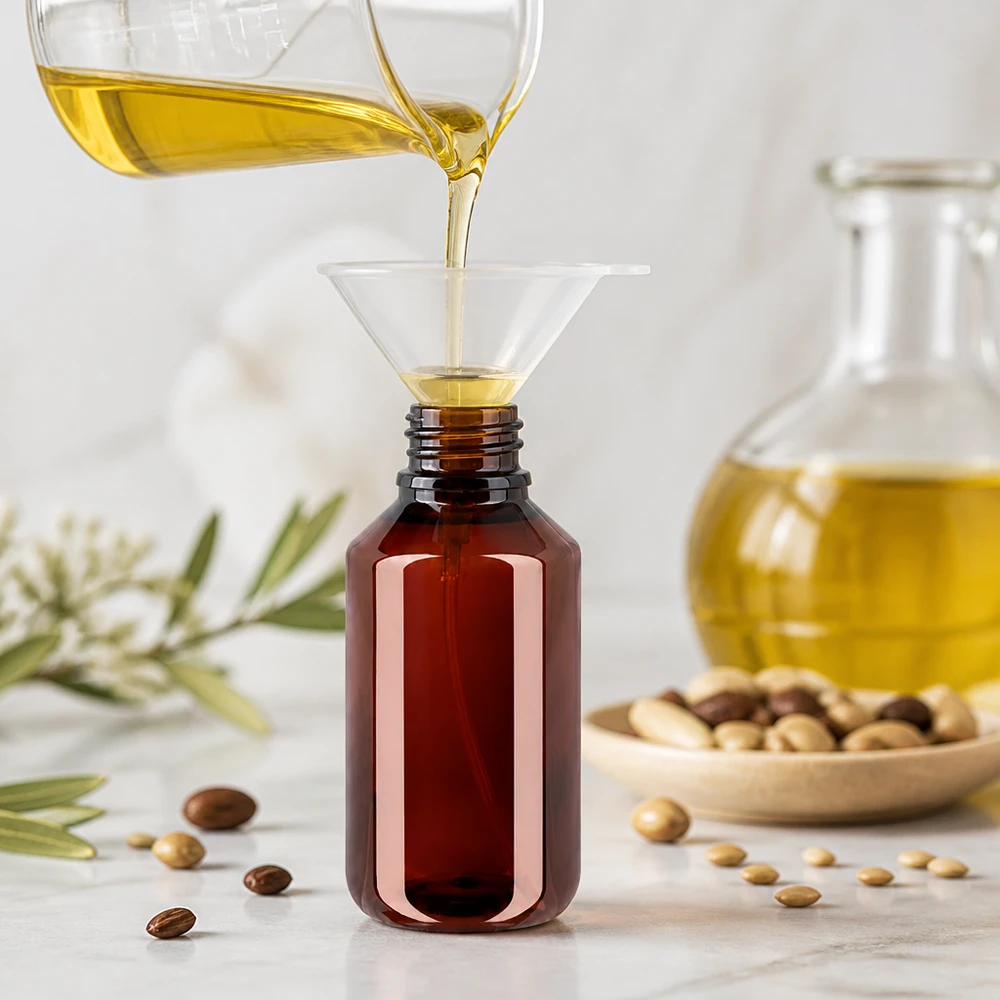 Aromapflege abfüllen in 100ml PET Flasche mit engem Schraubhals und Zerstäuber
