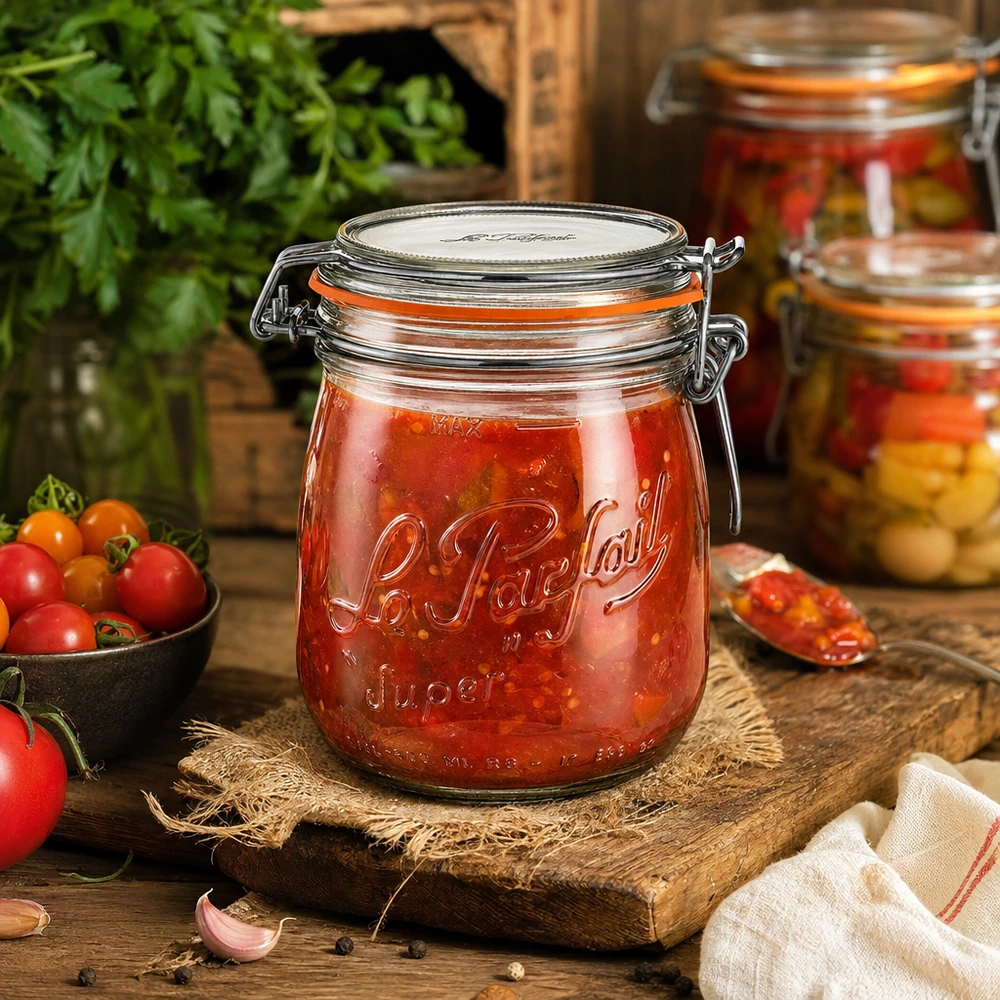 750ml Le Parfait Super voorraadpot met draaidop gevuld met tomatensaus op een rustieke houten tafel