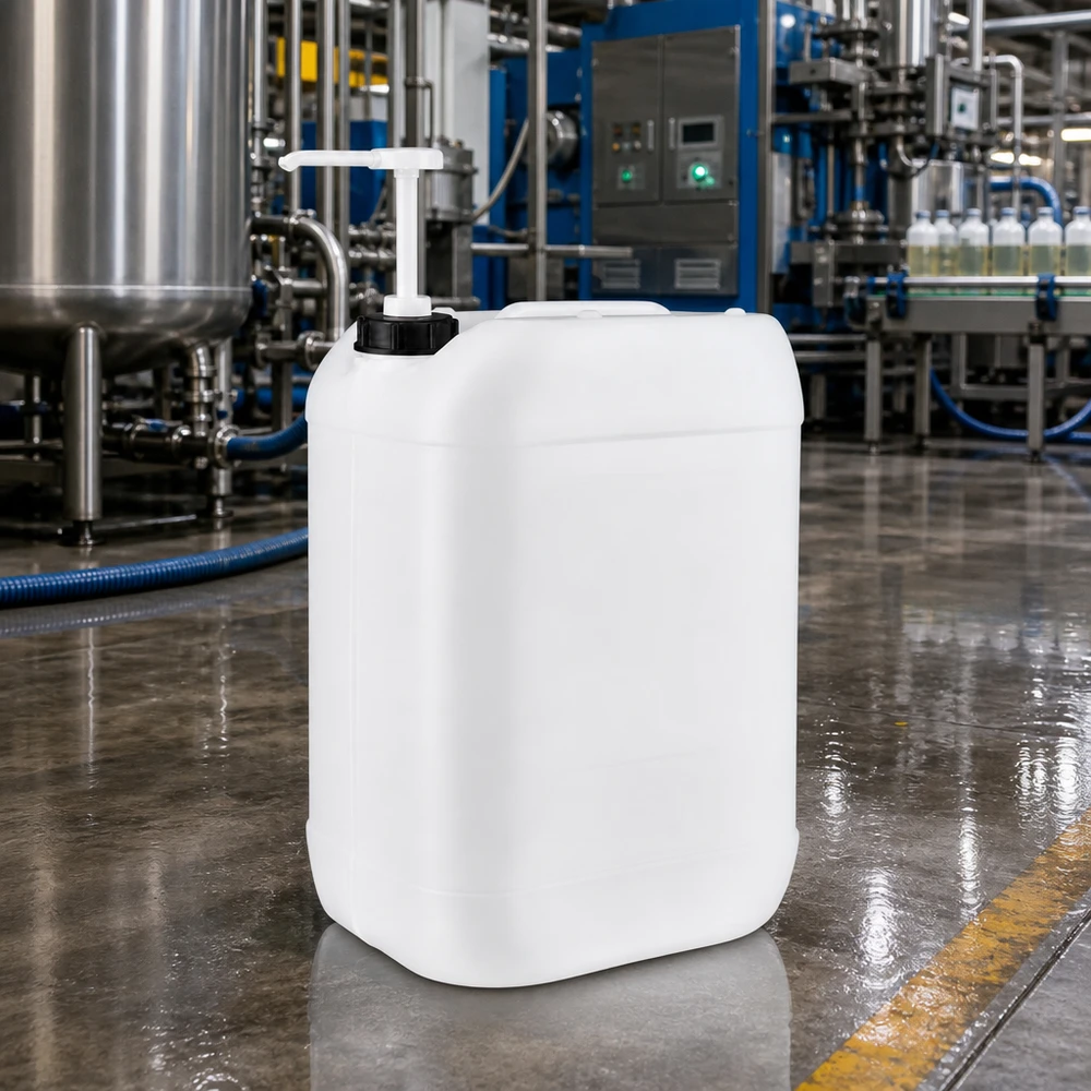 25l Jerrycan, UN-toelating, met doseerpomp Robuuste voorraadtank van 25 liter met afvoerpomp voor hygiënische dosering in de industrie