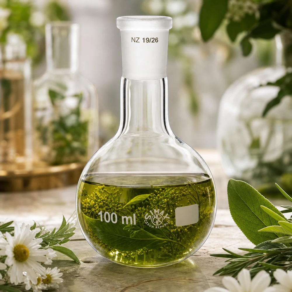 Kruidenmaceraat in een rondbodemkolf van 100 ml - dikwandig borosilicaatglas voor wetenschappelijke toepassingen