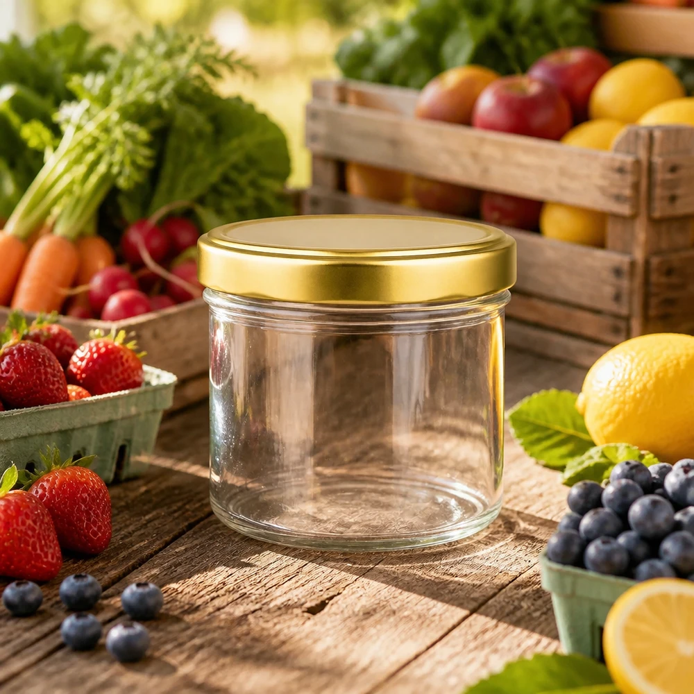 230ml cilindrische pot met BasicSeal deksel goud UNiTWIST 230ml cylinder pot leeg met gouden deksel tussen vers fruit en groenten op houten tafel jampot