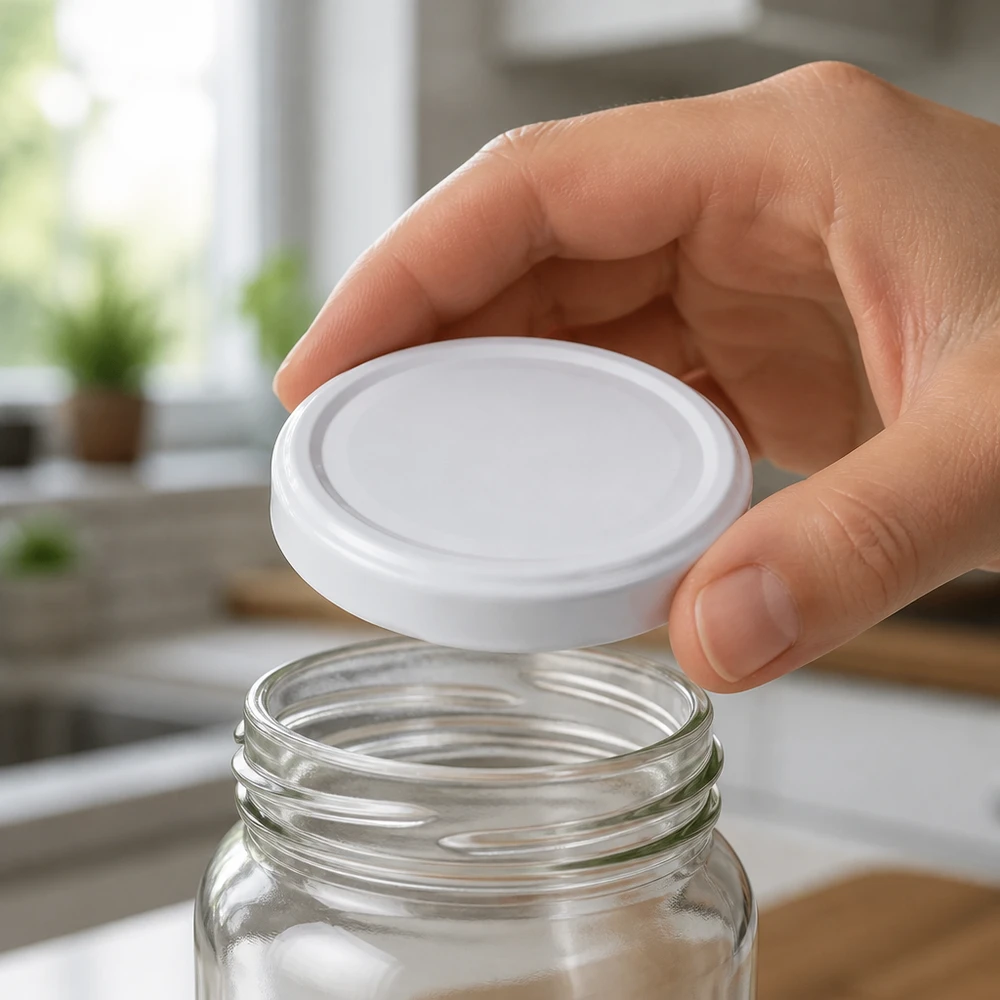 BasicSeal TO58deep 58 mm deksel, wit, bovenaanzicht, platte vorm voor inmaak- en voorraadpotten