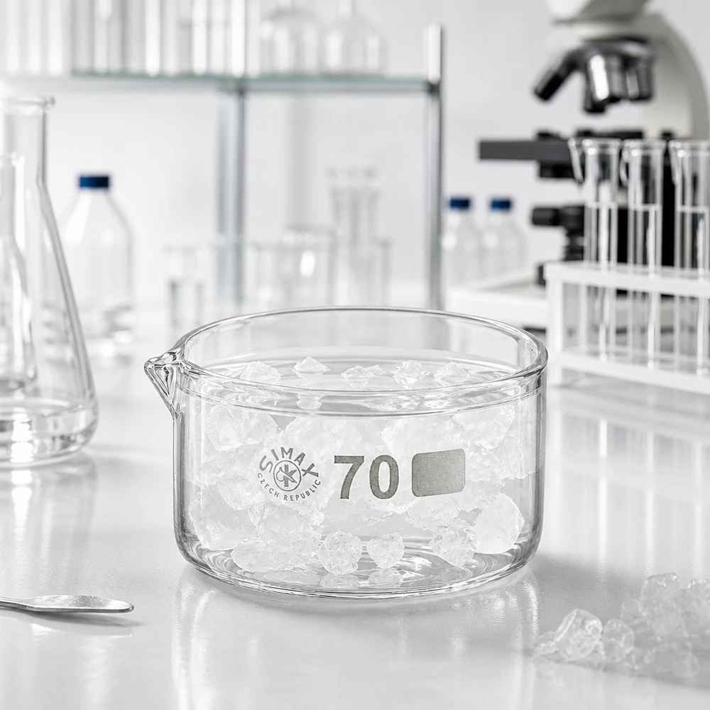 Kristallisatieschaal van borosilicaatglas met brede rand en schenktuit voor chemische laboratoriumtoepassingen