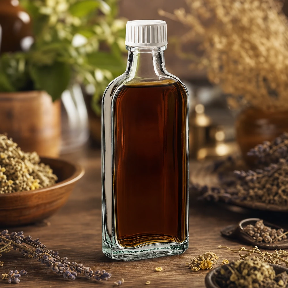 Meplat glazen flesje van 100 ml voor etherische oliën en natuurlijke extracten, met een goed sluitende PE-dop