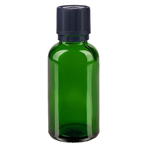 Groenen glazen flessen 30ml met zwart druppelsluiting 1mm kinderslot Bliw. VR Groenen glazen flessen 30ml met zwart druppelsluiting 1mm kinderslot Bliw. VR