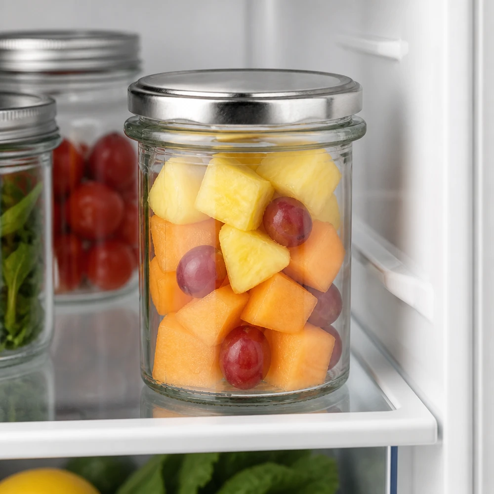 Compacte voorraadpot van 214 ml met BasicSeal-schroefdeksel in zilver, ideaal voor porties fruit