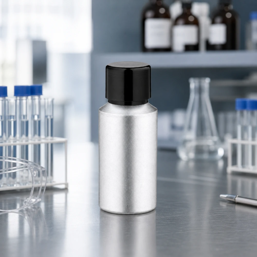 Industriële aluminium fles van 30 ml met matte afwerking, perfect voor reagentia en oplossingen