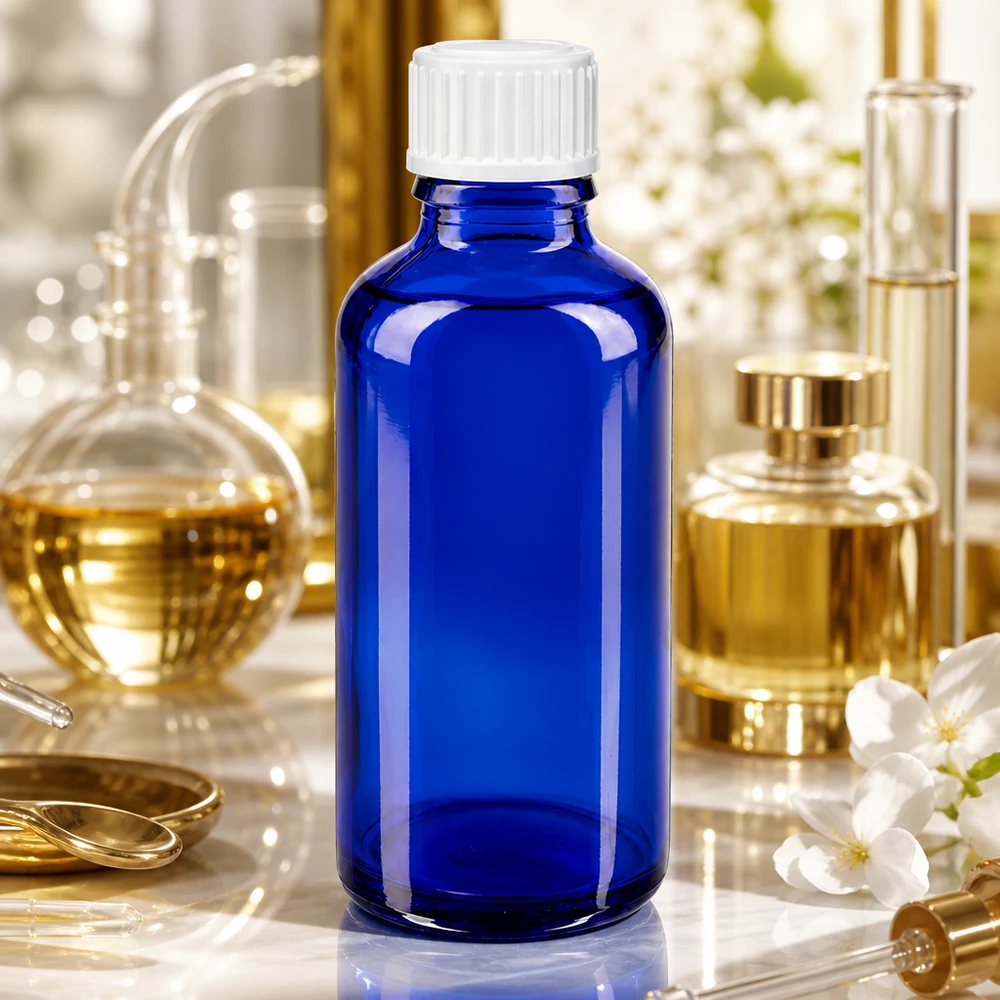 50 ml apothekersfles met UV-bescherming, blauw, met witte standaarddop, in een laboratoriumomgeving
