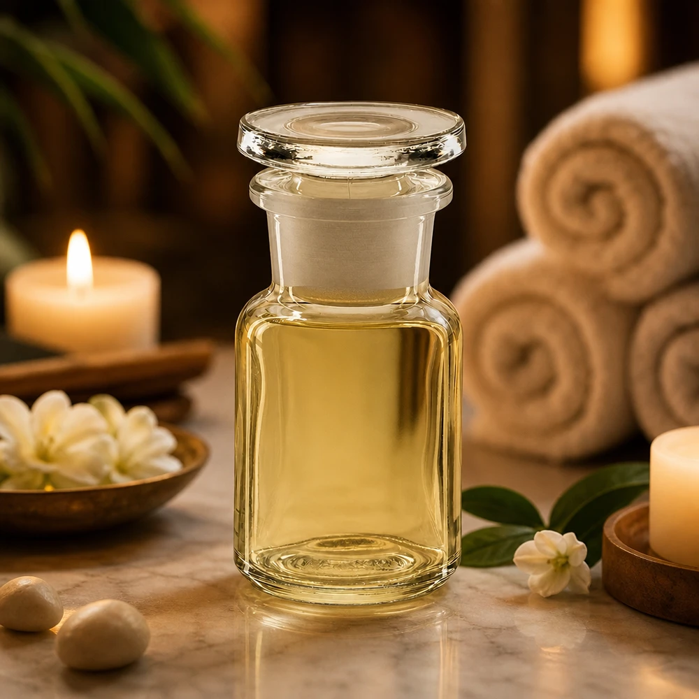 Cilindrische glazen fles met brede hals, 50 ml, helder, met ronde stop in een natuurlijke spa-stijl