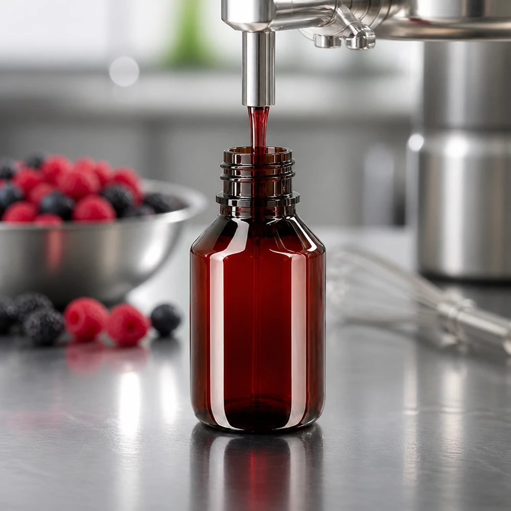 50 ml PET medicijnfles met verstuiver zwart GCMI 28/410 incl. dop transparant, standaard Transparente braune 50ml PET Flasche bei automatischer Befüllung mit rotem Pflanzenextrakt