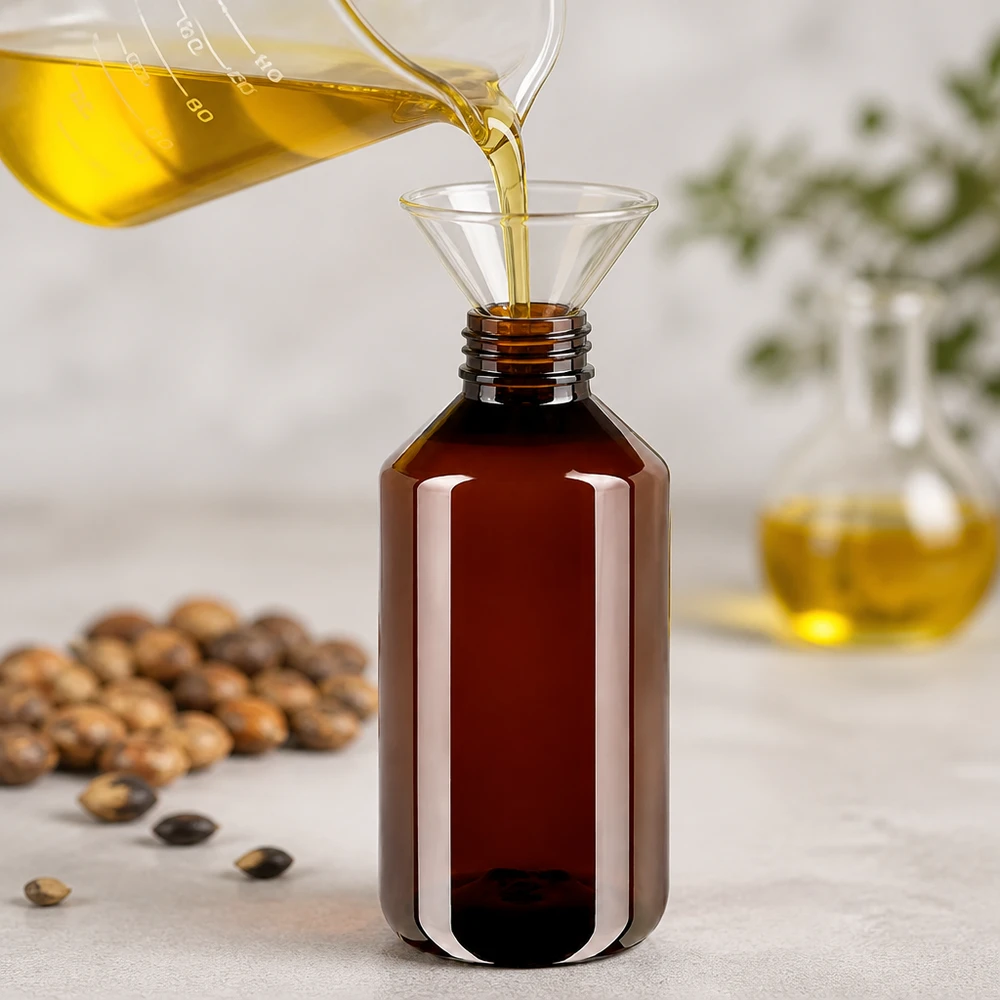 Cilindrische bruine PET-fles van 750 ml met verzegelde sluiting voor oliën en vloeistoffen