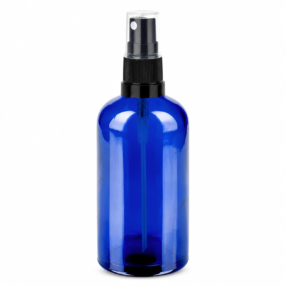 100ml sprayflacon zwart/tr. STD BlueLine UT18/100 Blauwe glazen sprayflacon van 100 ml met zwarte spraykop voor cosmetica en aromatherapie