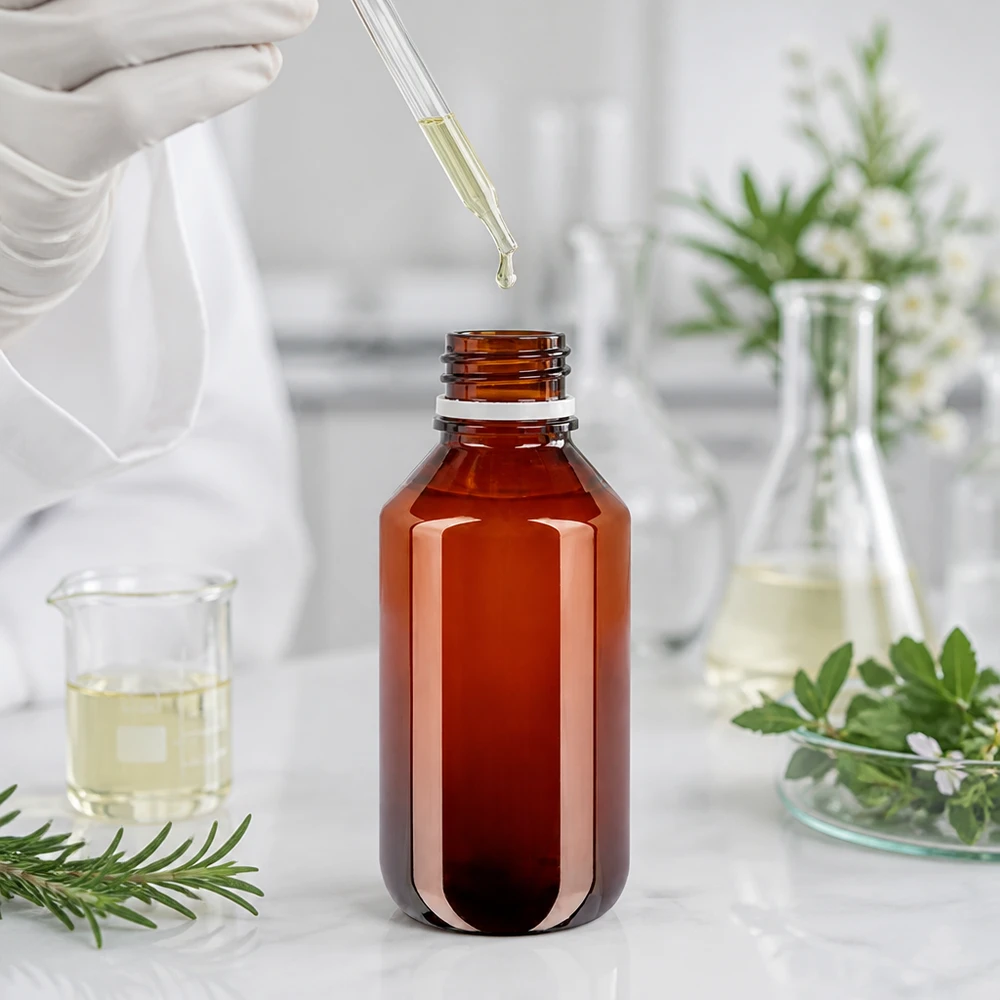 200ml PET medicijnfles - schroefsluiting VR wit - doseerbeker 30ml blank Runde PET Flasche 200ml mit weißem Sicherheitsverschluss für flüssige Naturprodukte geeignet