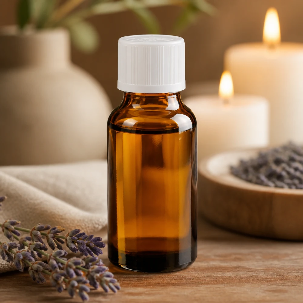 Bruine glazen fles van 20 ml met witte veiligheidsdop, ideaal voor het bewaren van natuurlijke cosmetica