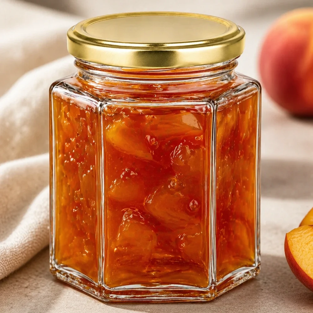 250g honingpot BasicSeal gevuld met jam naast perzik toont veelzijdig gebruik voor jam