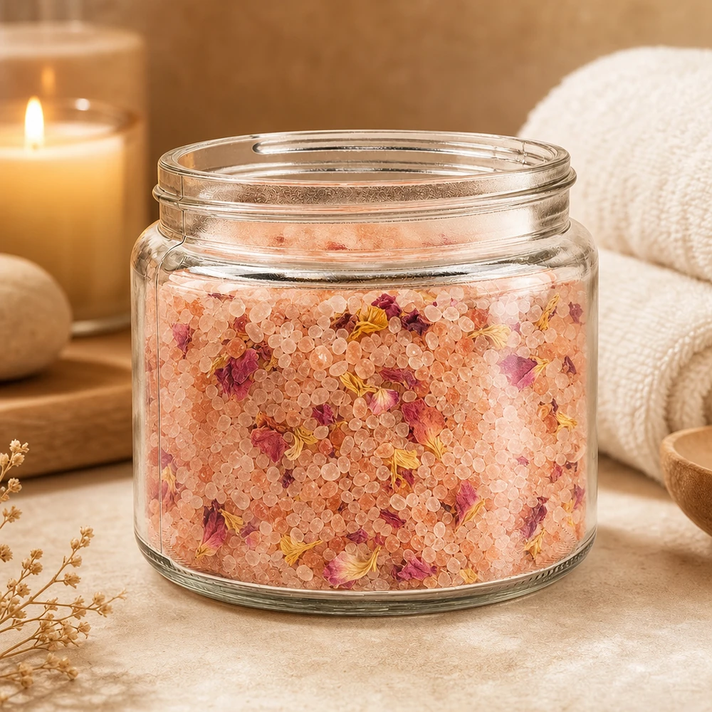 Glazen pot 250ml gedecoreerd in een natuurlijke spa setting met badzout bloemen kaarsen en handdoek