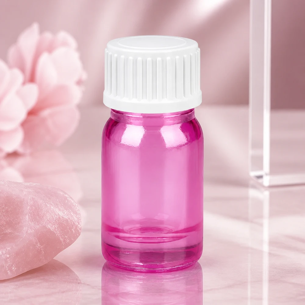 5ml (bol)flesje 3mm schenkring wit standaard PurpleLine UT18/5 Stijlvol roze glazen flesje 5ml met witte dop, ideaal voor handgemengde geuroliën en essences