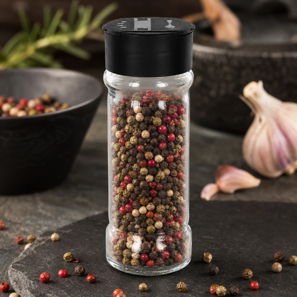 Compact kruidenpotje van 100 ml met rode, zwarte en witte peper op een leisteenplaatje