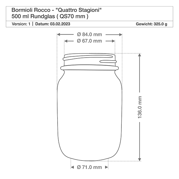 700 ml rond glas "Quattro Stagioni" met deksel Technische tekening 500ml Quattro Stagioni rond glas met afmetingen diameter 84mm hoogte 136mm Bormioli Rocco