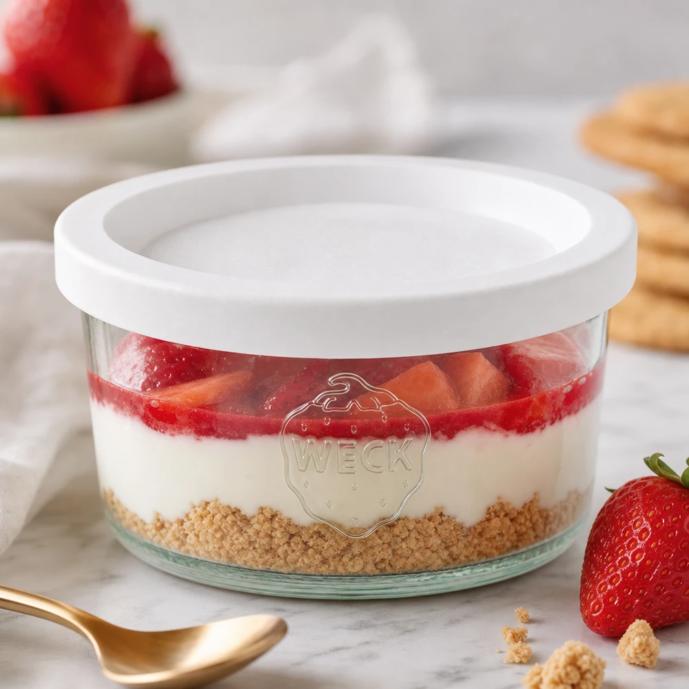 165ml stortglas met vershouddeksel WECK RR80 WECK 165ml RR80 bekers als dessertschaal met aardbeien en biscuitbodem naast een gouden lepel op marmer