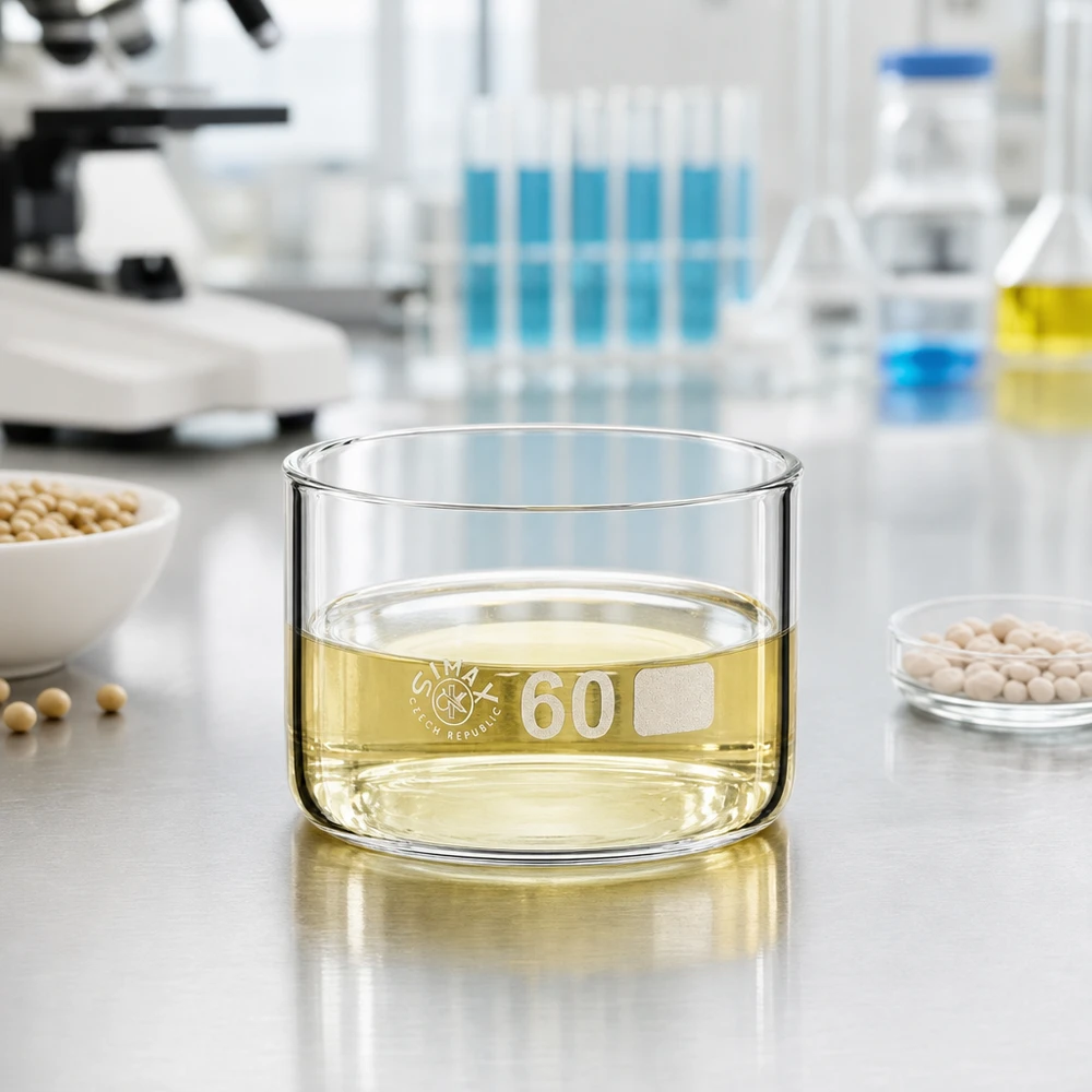 Kristalliseerschaal 60ml zonder schenktuit Scheikundelaboratorium: kristallisatieschaal van 60 ml met plantenextract en witte korrels ernaast