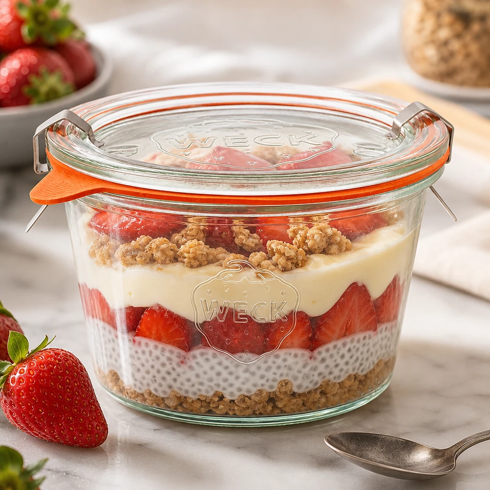 WECK beker 370ml RR100 met gelaagd dessert van chia pudding en aardbeien toont veelzijdig gebruik als portie pot