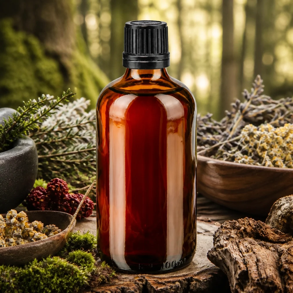 Bruine apothekersfles van 100 ml met zwarte druppeldop, naast een vijzel en botanische ingrediënten
