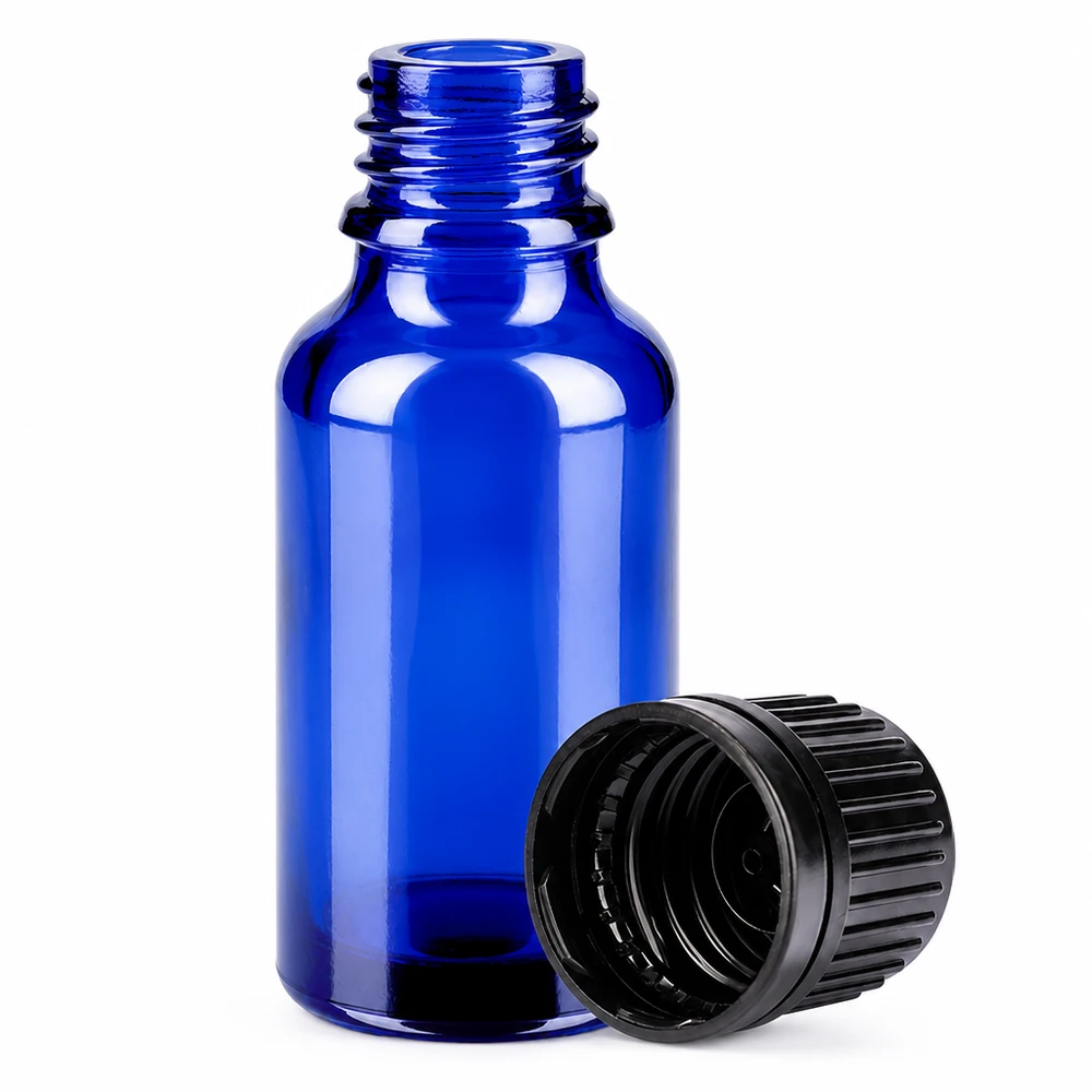 20 ml flesje van kobaltglas met robuuste schroefdop, ideaal voor druppeltoepassingen
