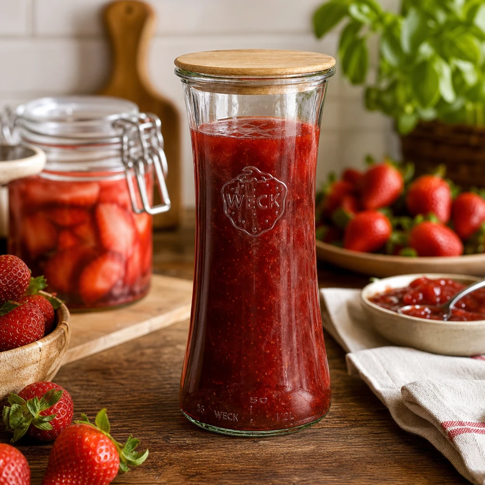 700ml delicatessenglas WECK RR80 met hout deksel WECK glazen pot 700ml met bamboe deksel gevuld met aardbeienjam keukenscène conservenopslag