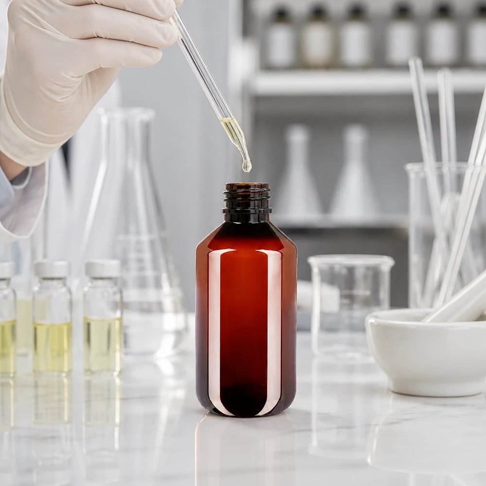 Bewaarflesje van 100 ml, gemaakt van stevig PET, bruin met een witte, kindveilige verzegeling