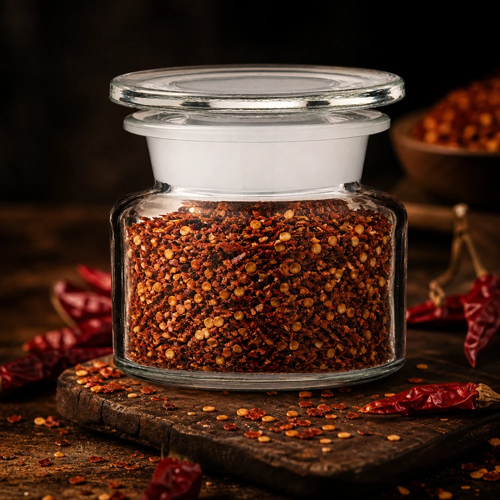 Doorzichtig kruidenpotje van 50 ml met brede hals, voorzien van een luchtdichte deksel en gevuld met rode chilivlokken