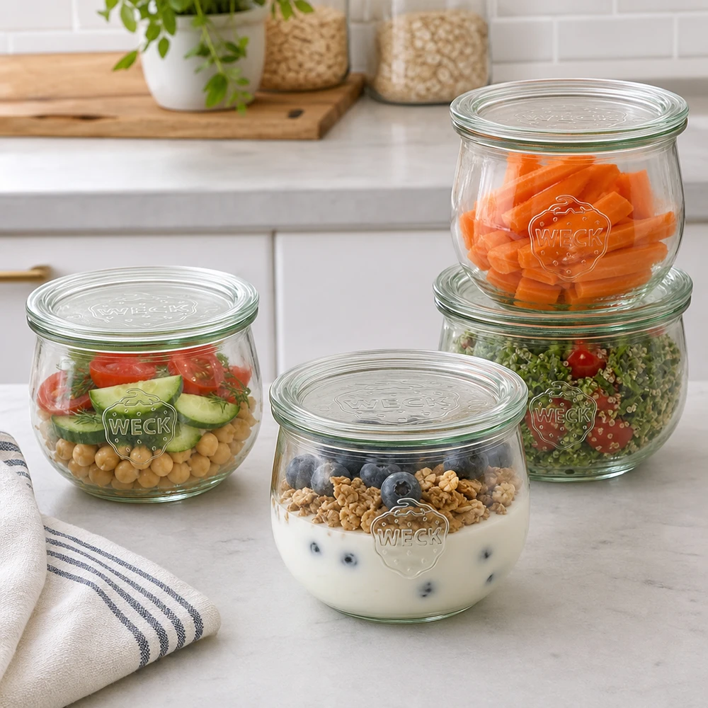 WECK tulpenpotten 580ml RR100 als praktische maaltijdverpakkingen met salade, yoghurt en groenten in de moderne keuken