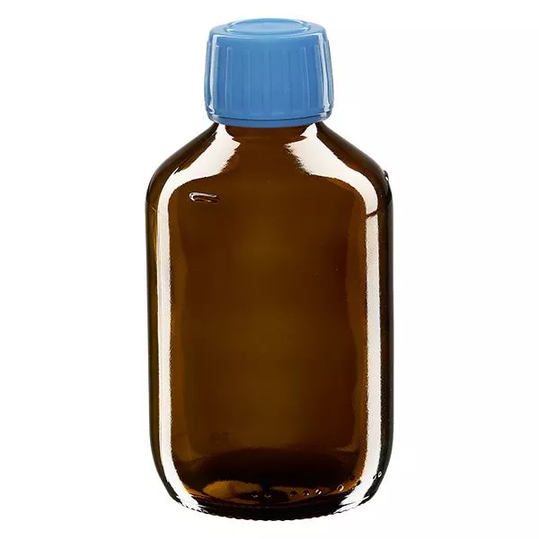 250ml Euro-medicijnfles bruin met blauwe schroefsluiting VR 250ml Euro-medicijnfles bruin met blauwe schroefsluiting VR