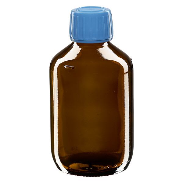 250ml Euro-medicijnfles bruin met blauwe schroefsluiting VR 250ml Euro-medicijnfles bruin met blauwe schroefsluiting VR