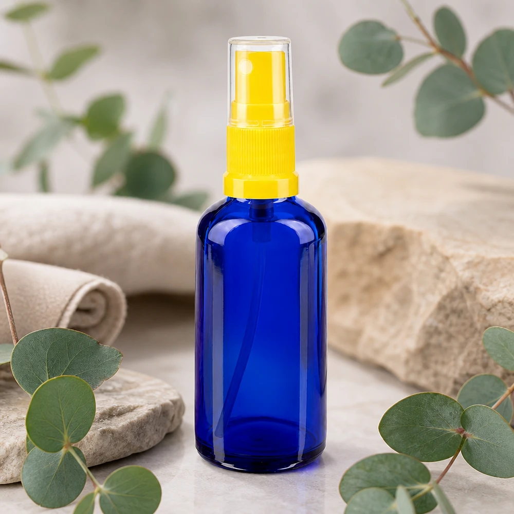 UV-beschermende spuitfles van blauw glas, 50 ml, met gele spuitkop, ApoGlas