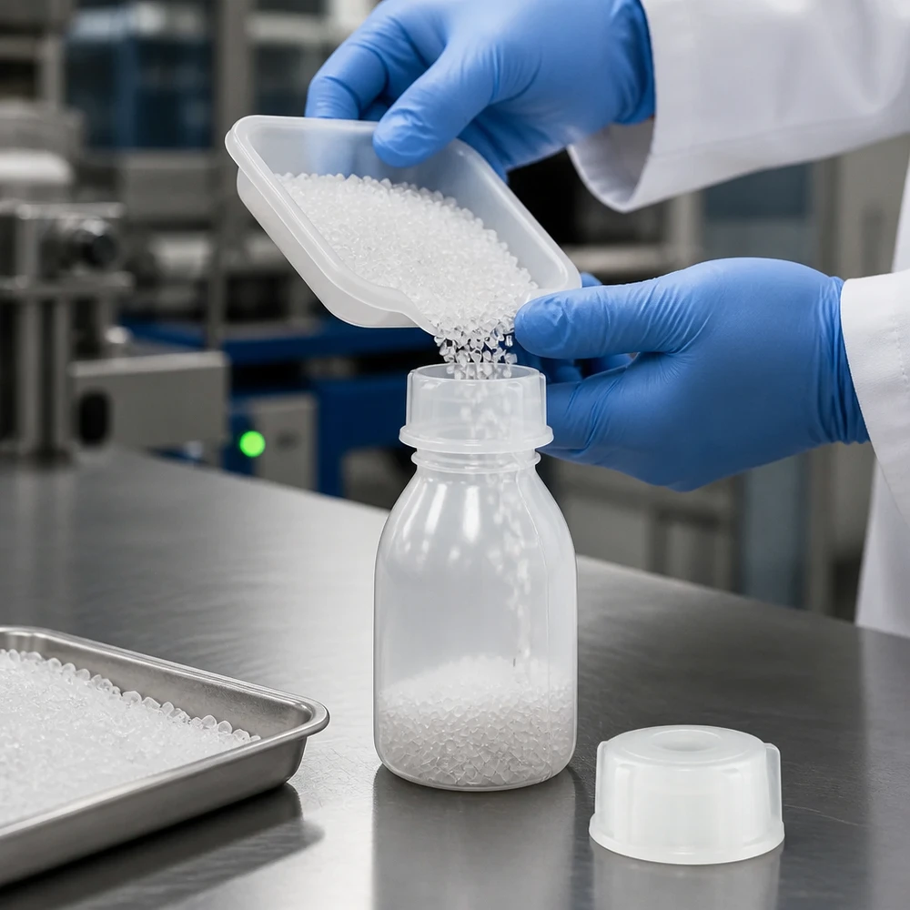 Een laboratoriummedewerker met beschermende handschoenen aan doet korrels in doorzichtige schroefflessen met smalle hals van 10 ml