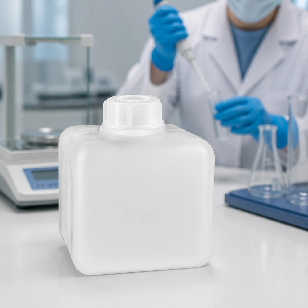 Chemicaliënfles 500 ml, nauwe hals, incl. sluiting GL 32 Vierkante chemische fles 500 ml PE-HD, smalle hals, ruimtebesparend, stapelbaar, naturel