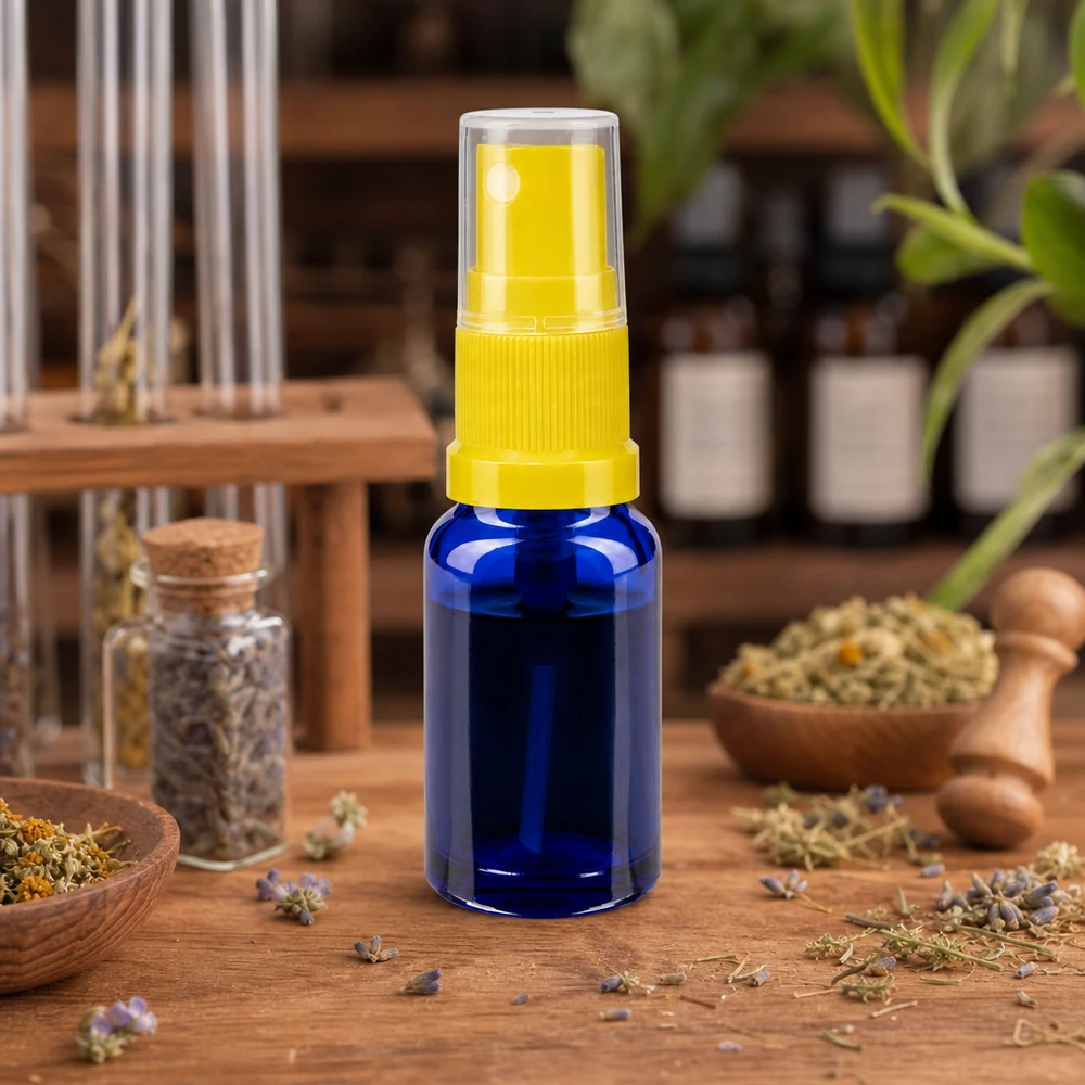 Blauwe glazen flessen 30ml met geel pompverstuiver Hoogwaardig blauw apothekersglas van 30 ml met spuitpomp ter bescherming van lichtgevoelige vloeistoffen