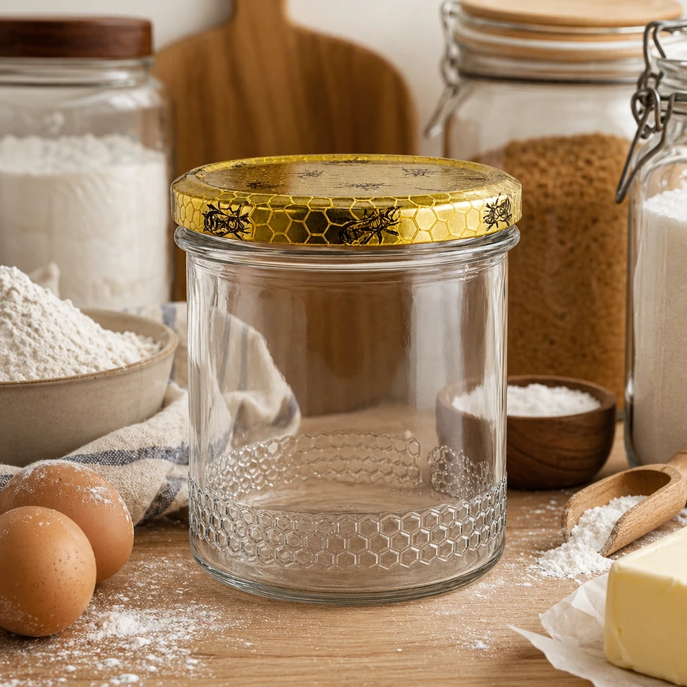 Honingpot 560 g met honingraatmotief-deksel BasicSeal UNiTWIST Lege 400ml honingpot met gouden honingraatdeksel in rustieke keuken, bakingrediënten en eieren voor bijenteelt