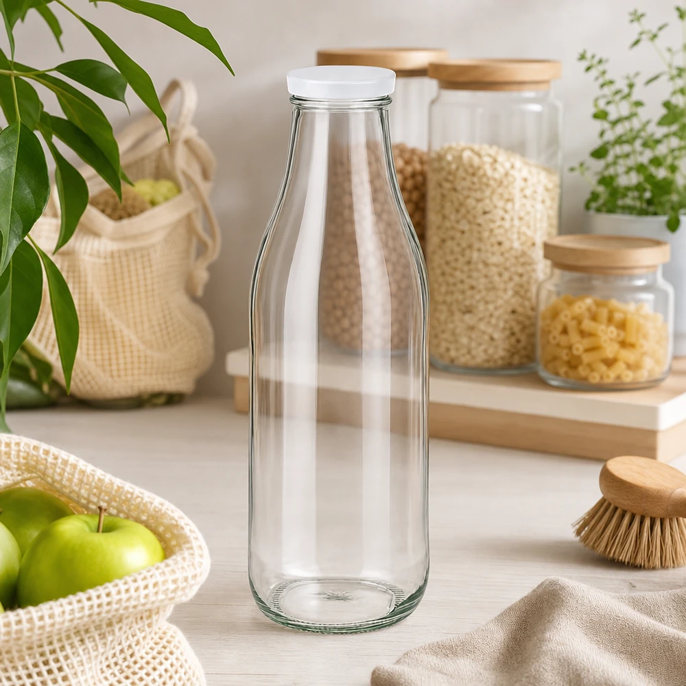 1000ml glazen fles leeg met wit BasicSeal deksel duurzame keuken zero waste lifestyle opslag