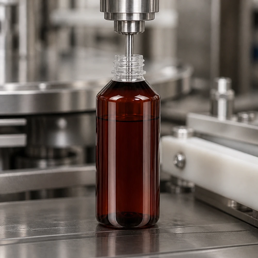 Pharmagerechte Abfüllung brauner 1L PET Flasche mit Originalverschluss in Reinraumanlage