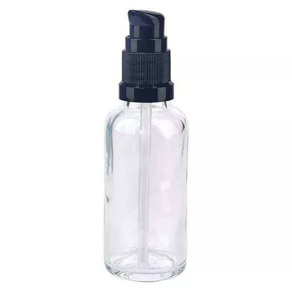 Helder glazen flessen 30ml met zwart pompsluiting Helder glazen flessen 30ml met zwart pompsluiting