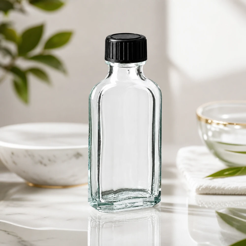 50 ml witte meplatfles met DIN 22 monding, inclusief schroefsluiting DIN 22 zwart van EPE Doorzichtige Meplat-glazen fles van 50 ml met geribbelde zwarte dop in een natuurlijke cosmetische omgeving
