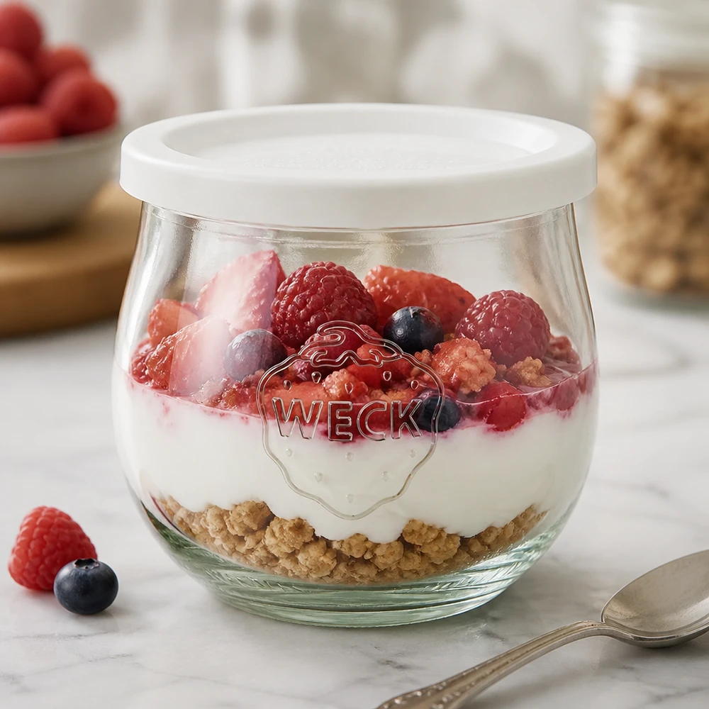 WECK RR80 tulpvormige pot van 370 ml met vershouddeksel WECK tulp pot 370ml als dessert schaal gevuld met yoghurt en bessen, witte vershoud deksel RR80 zichtbaar