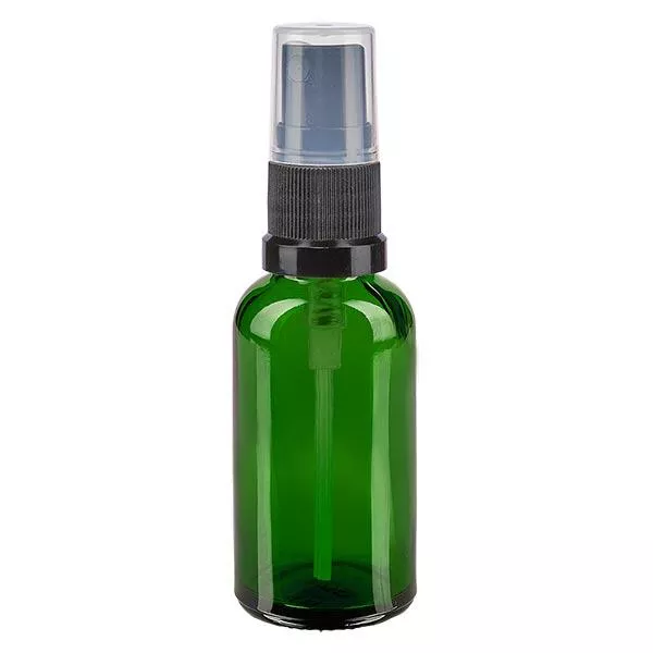 Groenen glazen flessen 30ml met zwart pompverstuiver