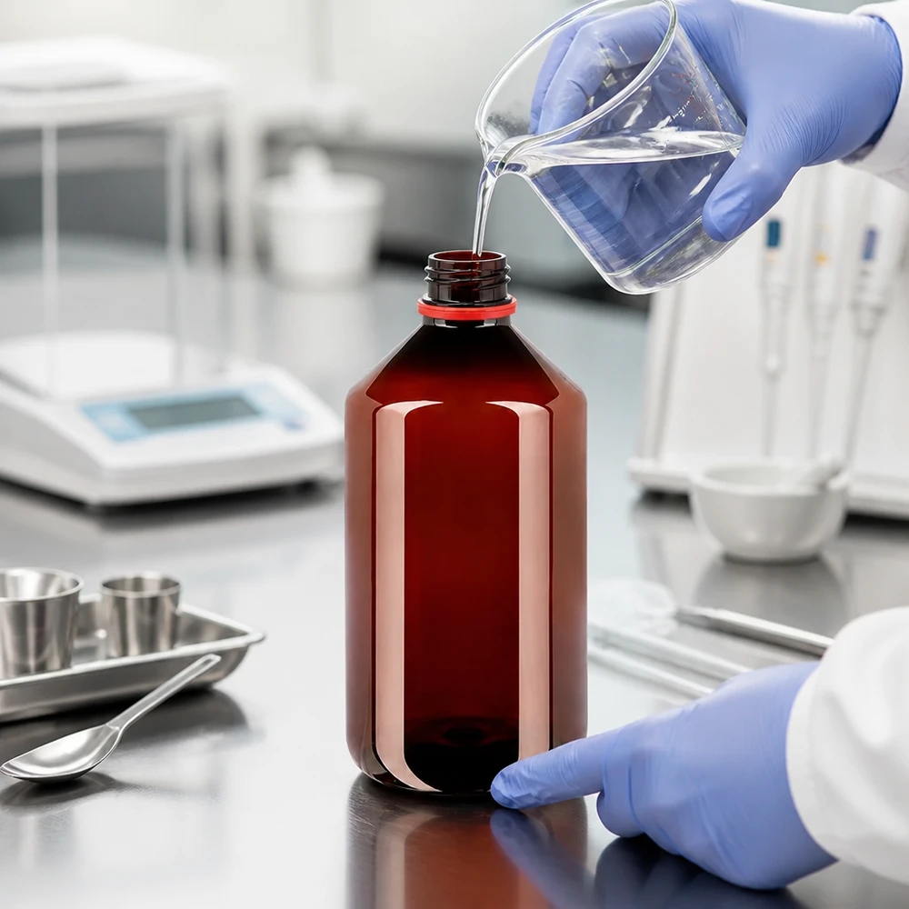 PET-fles 500ml met wit/rode dop OV Laboratoriummedewerkers vullen een UV-bestendige PET-fles van 500 ml met een rode veiligheidsring op een roestvrijstalen oppervlak