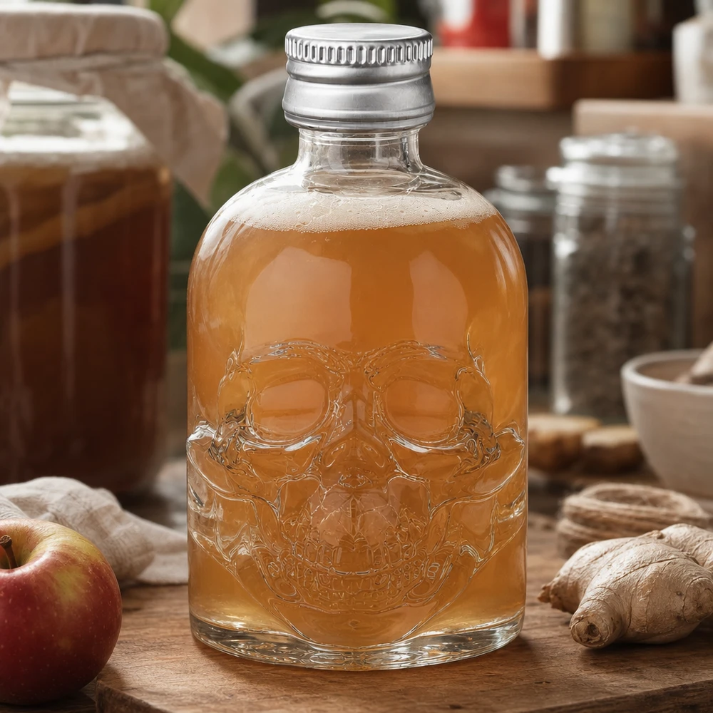 50ml Hector glazen fles met schedel reliëf gevuld met appel-gember drank in een natuurlijke keuken setting